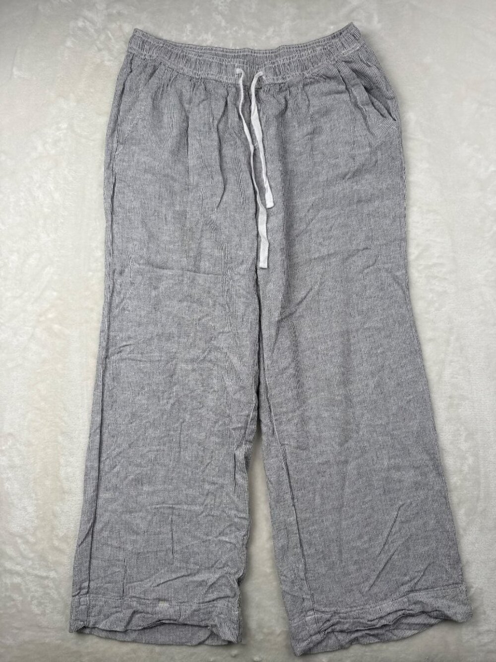 Briggs Womens Striped Linen Blend Wide-Leg Pants L Gray Elastic Waist Drawstring